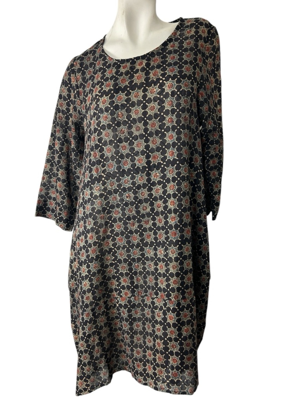 Passementrie Tunic Dress Top S/M Boho Lagenlook Mini Shift Geometric Print